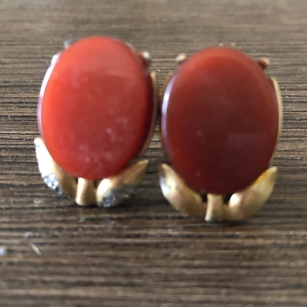 Vintage Red-orange & gold flower clip on earrings